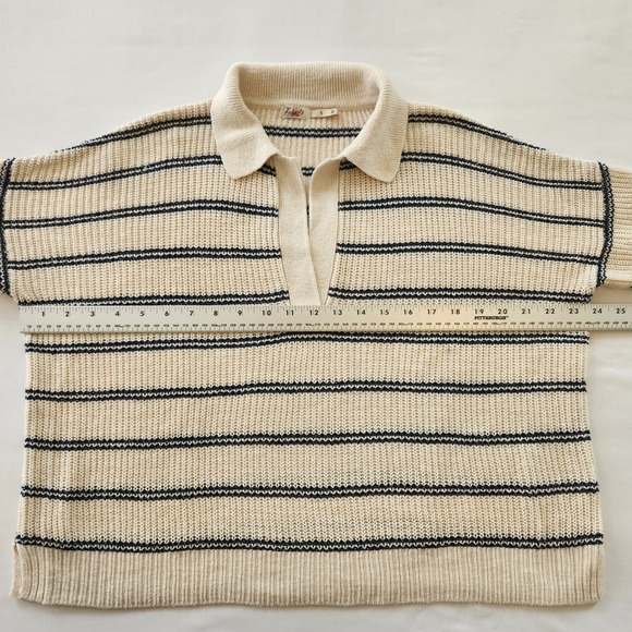 Faherty Miramar Womens Linen Cotton Striped Polo Sweater Cream Blue Small V-Neck - Picture 6 of 7